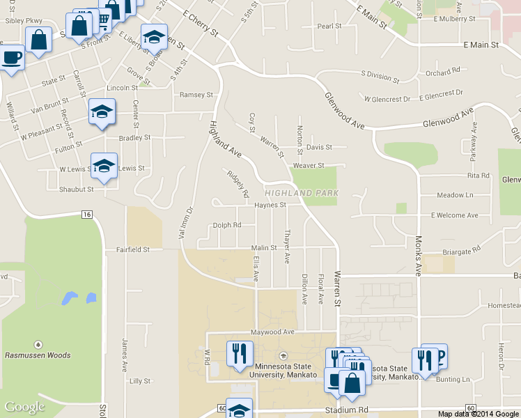 map of restaurants, bars, coffee shops, grocery stores, and more near 103 Ellis Avenue in Mankato