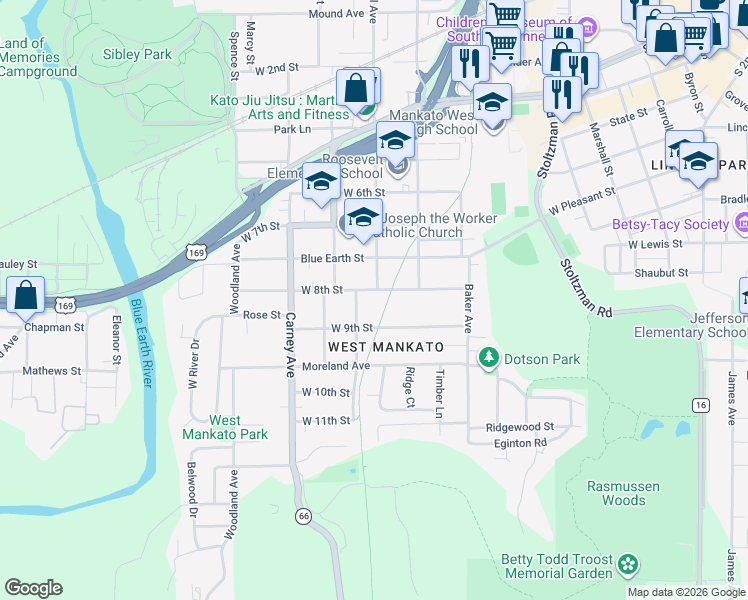 map of restaurants, bars, coffee shops, grocery stores, and more near 323 West 8th Street in Mankato