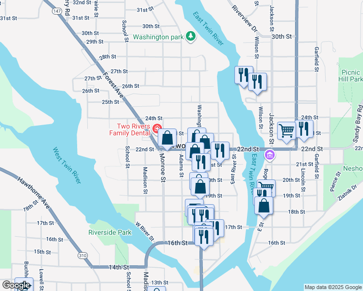 map of restaurants, bars, coffee shops, grocery stores, and more near 2205 Adams Street in Two Rivers