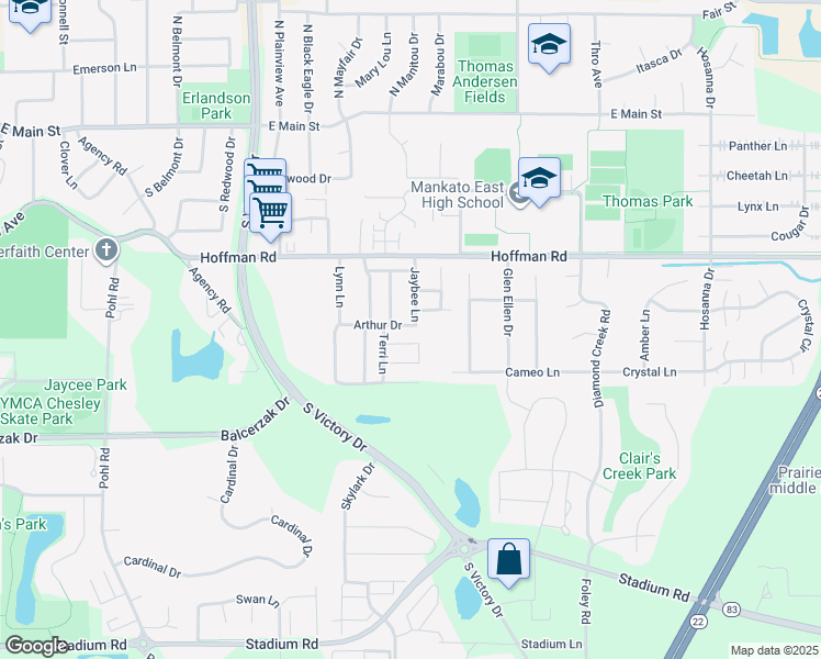 map of restaurants, bars, coffee shops, grocery stores, and more near 207 Arthur Drive in Mankato