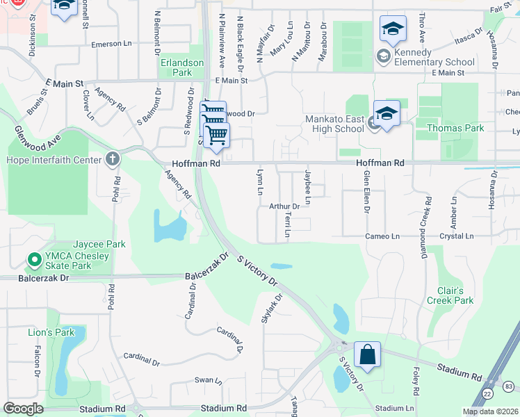 map of restaurants, bars, coffee shops, grocery stores, and more near 143 Lynn Lane in Mankato