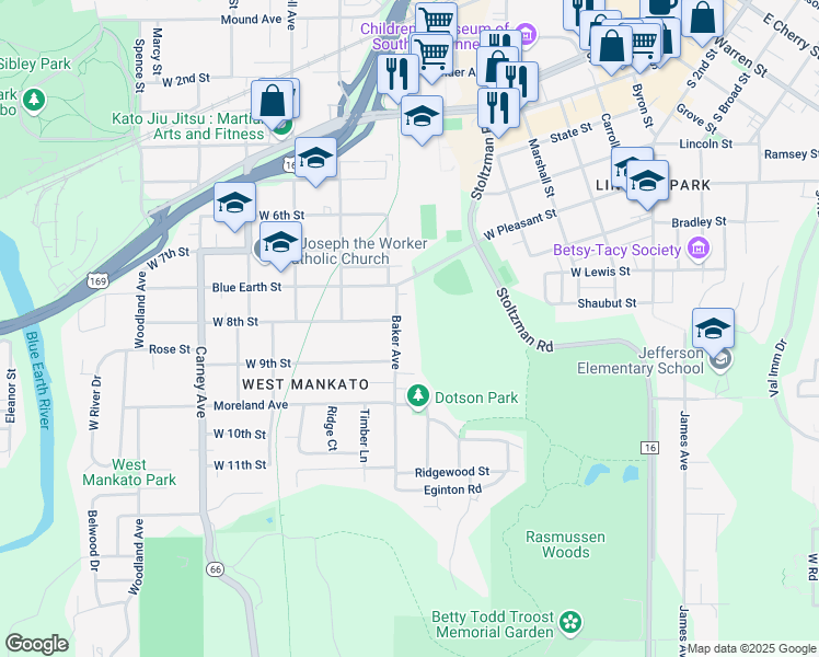 map of restaurants, bars, coffee shops, grocery stores, and more near 707 Baker Avenue in Mankato