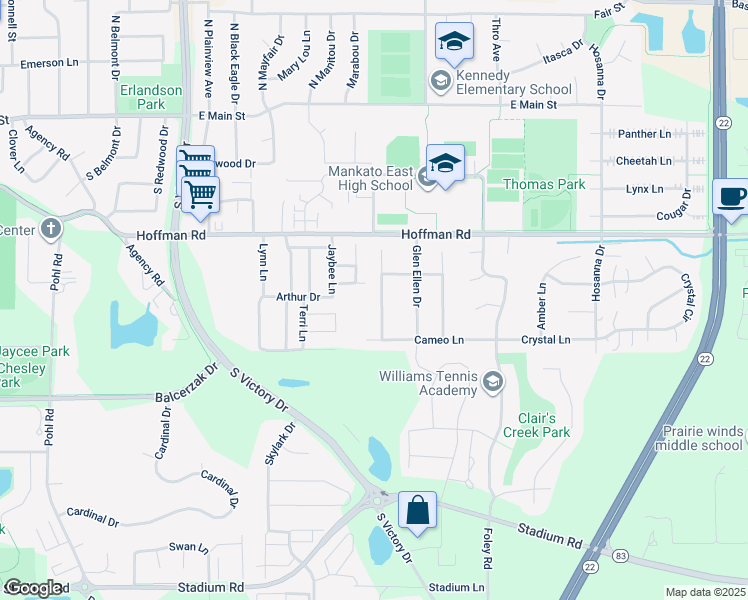 map of restaurants, bars, coffee shops, grocery stores, and more near 212 Wadsworth Drive in Mankato