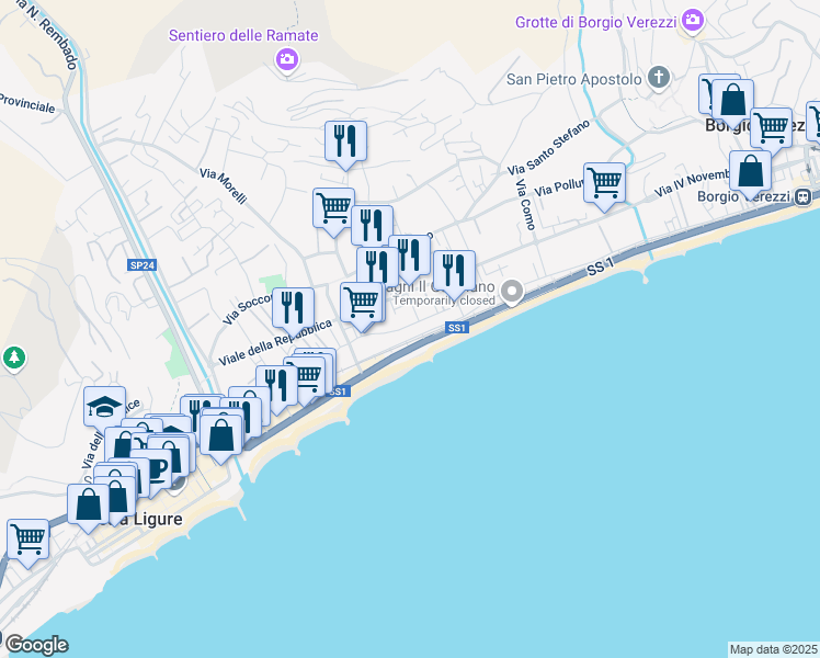 map of restaurants, bars, coffee shops, grocery stores, and more near 134 Via Cesare Battisti in Pietra Ligure