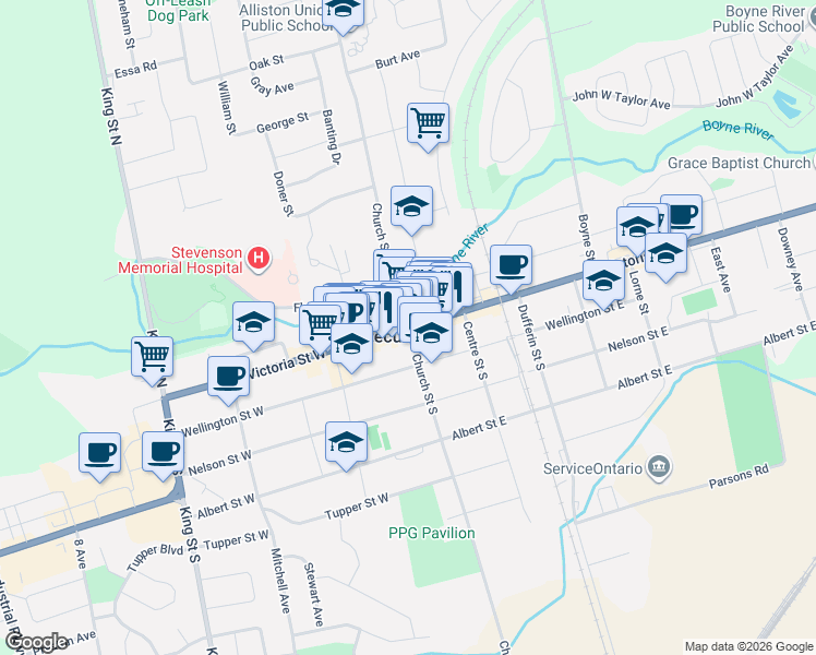 map of restaurants, bars, coffee shops, grocery stores, and more near in New Tecumseth