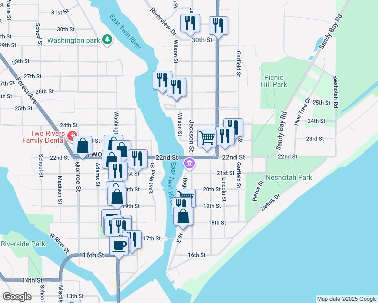 map of restaurants, bars, coffee shops, grocery stores, and more near 2206 Jackson Street in Two Rivers