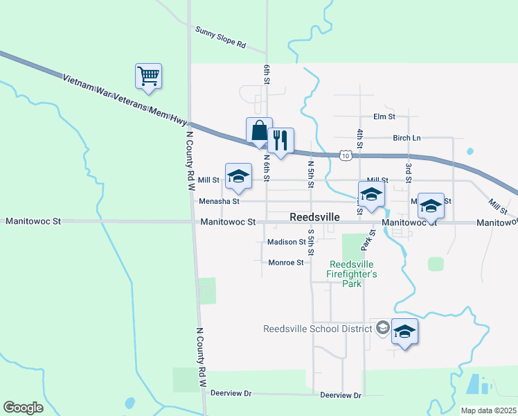 map of restaurants, bars, coffee shops, grocery stores, and more near 609 Menasha Street in Reedsville