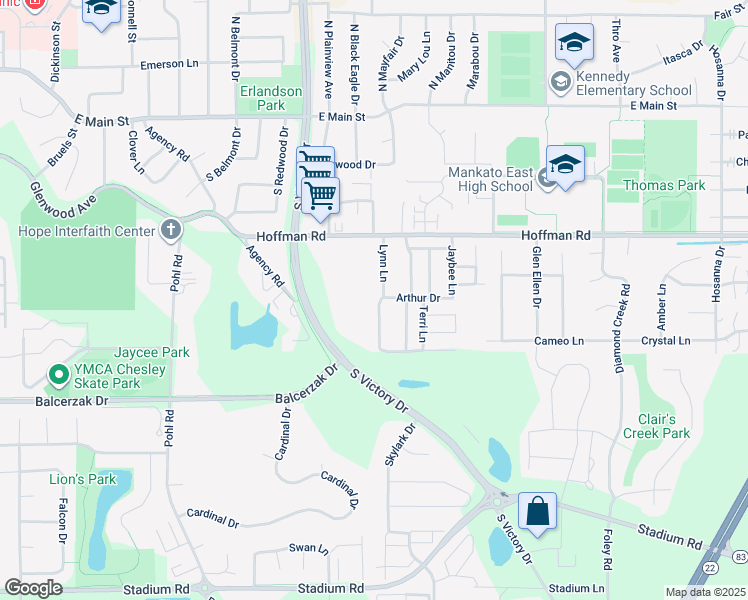 map of restaurants, bars, coffee shops, grocery stores, and more near 143 Lynn Lane in Mankato