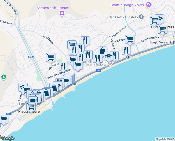 map of restaurants, bars, coffee shops, grocery stores, and more near 134 Via Cesare Battisti in Pietra Ligure