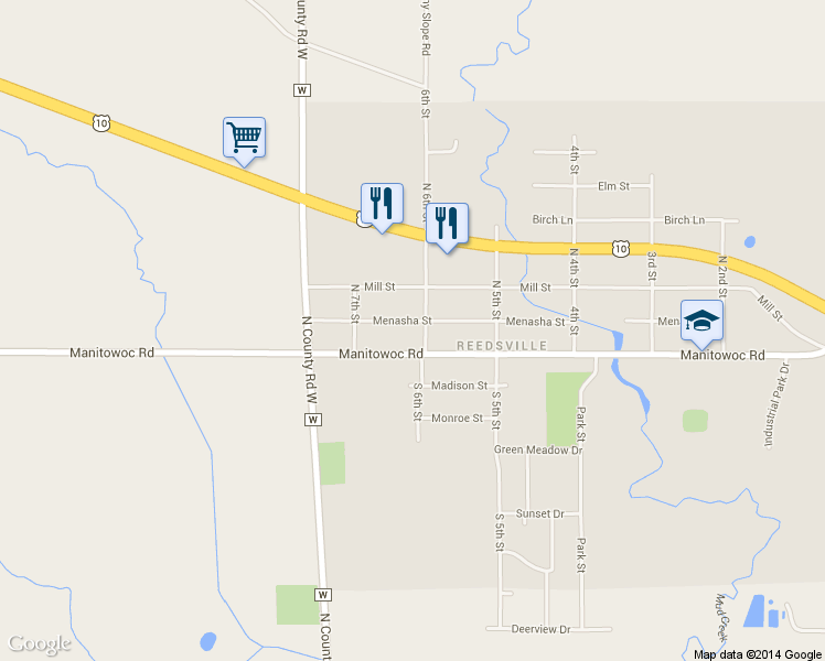 map of restaurants, bars, coffee shops, grocery stores, and more near 609 Menasha Street in Reedsville