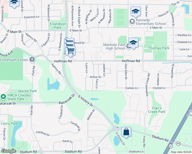 map of restaurants, bars, coffee shops, grocery stores, and more near 131 Laurinda Lane in Mankato