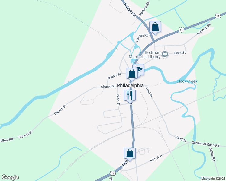 map of restaurants, bars, coffee shops, grocery stores, and more near 13 Church Street in Philadelphia