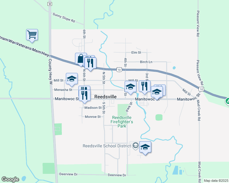 map of restaurants, bars, coffee shops, grocery stores, and more near 425 Menasha Street in Reedsville