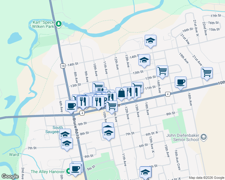 map of restaurants, bars, coffee shops, grocery stores, and more near 521 11th Avenue in Hanover