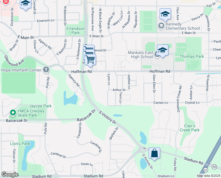 map of restaurants, bars, coffee shops, grocery stores, and more near 143 Lynn Lane in Mankato