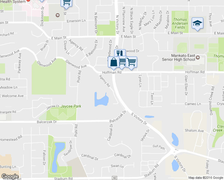 map of restaurants, bars, coffee shops, grocery stores, and more near 611 Agency Road in Mankato