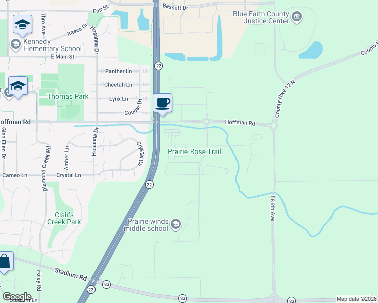 map of restaurants, bars, coffee shops, grocery stores, and more near 217 Prairie Rose Drive in Mankato