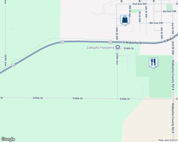 map of restaurants, bars, coffee shops, grocery stores, and more near 53273 255th Avenue in Plainview