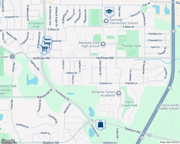 map of restaurants, bars, coffee shops, grocery stores, and more near 212 Wadsworth Drive in Mankato
