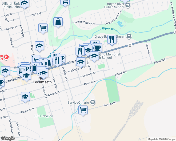map of restaurants, bars, coffee shops, grocery stores, and more near 161 Wellington Street East in New Tecumseth