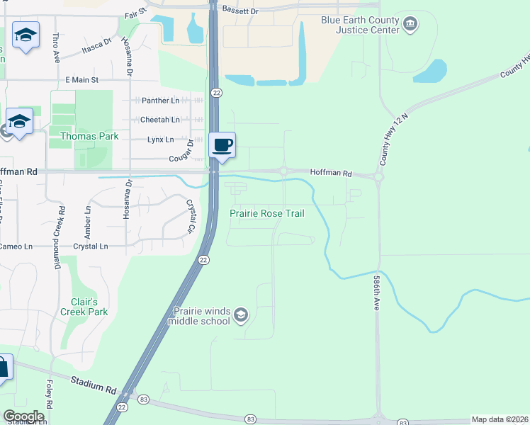 map of restaurants, bars, coffee shops, grocery stores, and more near 217 Prairie Rose Drive in Mankato
