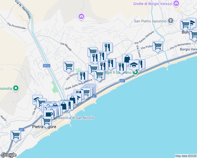 map of restaurants, bars, coffee shops, grocery stores, and more near 221 Via Cesare Battisti in Pietra Ligure