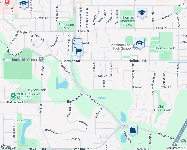 map of restaurants, bars, coffee shops, grocery stores, and more near 143 Lynn Lane in Mankato