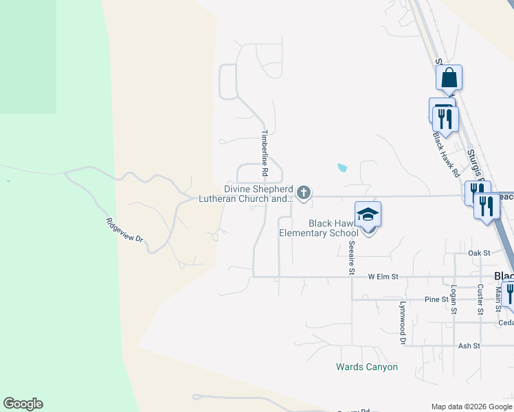 map of restaurants, bars, coffee shops, grocery stores, and more near Candlewood Court in Black Hawk
