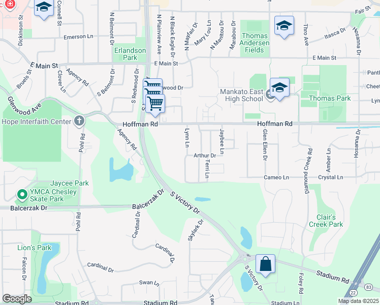 map of restaurants, bars, coffee shops, grocery stores, and more near 143 Lynn Lane in Mankato
