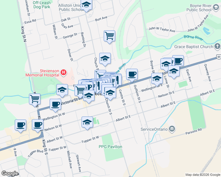 map of restaurants, bars, coffee shops, grocery stores, and more near 26 Victoria Street East in New Tecumseth