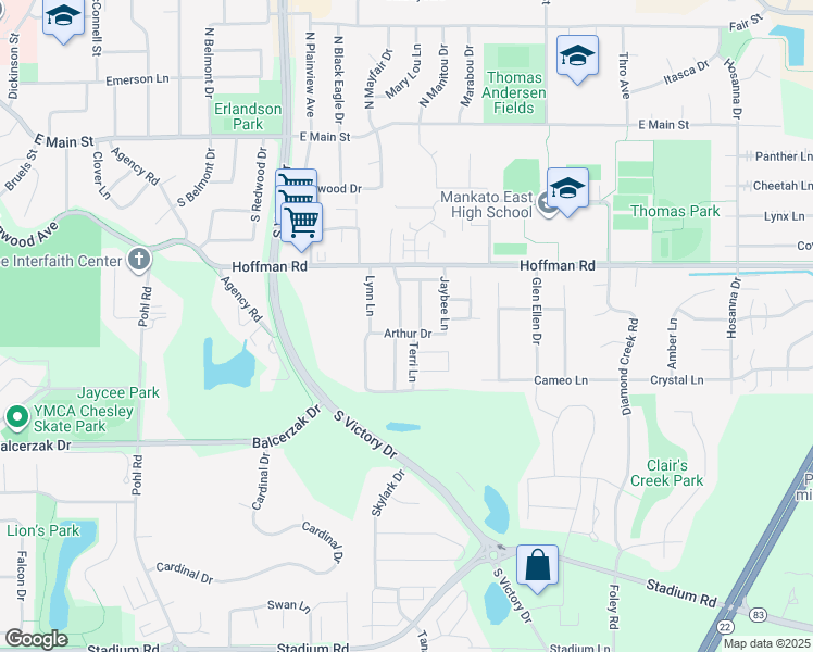 map of restaurants, bars, coffee shops, grocery stores, and more near 131 Laurinda Lane in Mankato