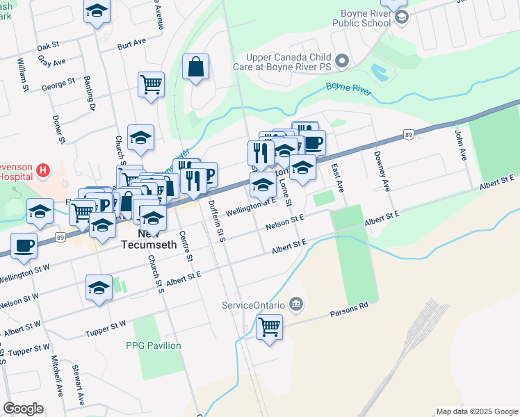 map of restaurants, bars, coffee shops, grocery stores, and more near 151 Wellington Street East in New Tecumseth