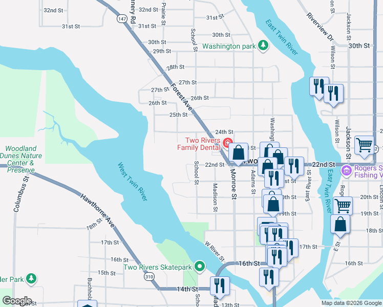 map of restaurants, bars, coffee shops, grocery stores, and more near 2207 School Street in Two Rivers