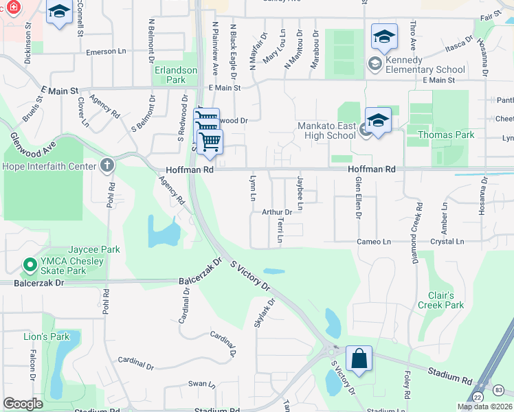map of restaurants, bars, coffee shops, grocery stores, and more near 143 Lynn Lane in Mankato