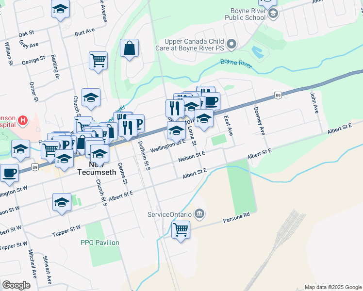 map of restaurants, bars, coffee shops, grocery stores, and more near 157 Wellington Street East in New Tecumseth