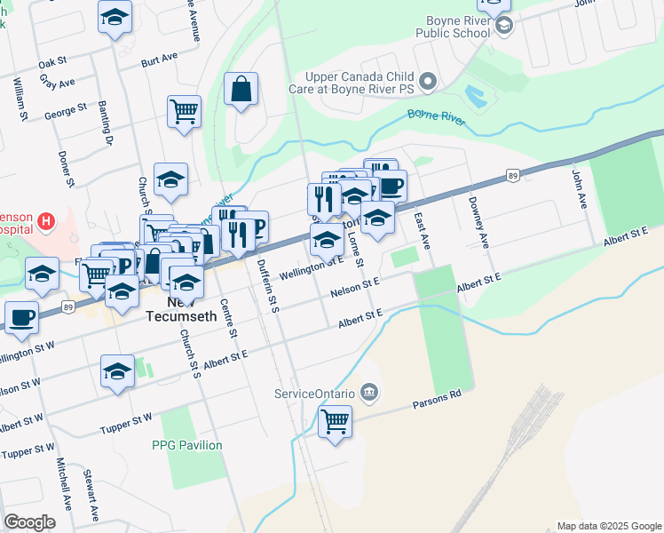 map of restaurants, bars, coffee shops, grocery stores, and more near 151 Wellington Street East in New Tecumseth
