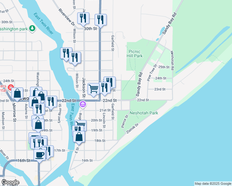 map of restaurants, bars, coffee shops, grocery stores, and more near 2219 Garfield Street in Two Rivers