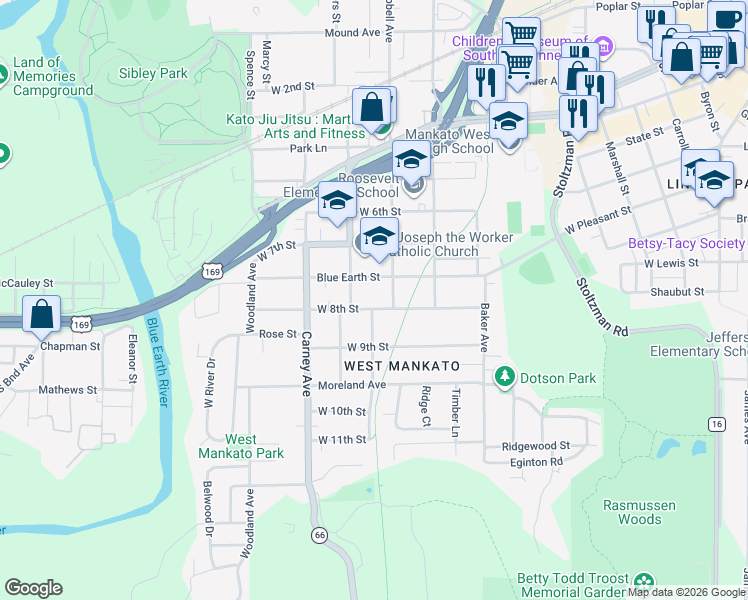 map of restaurants, bars, coffee shops, grocery stores, and more near 323 West 8th Street in Mankato