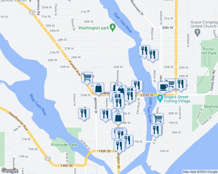 map of restaurants, bars, coffee shops, grocery stores, and more near 2205 Adams Street in Two Rivers