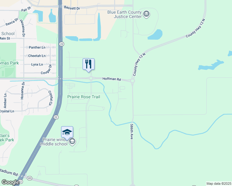 map of restaurants, bars, coffee shops, grocery stores, and more near 2020 Prairie Rose Drive in Mankato