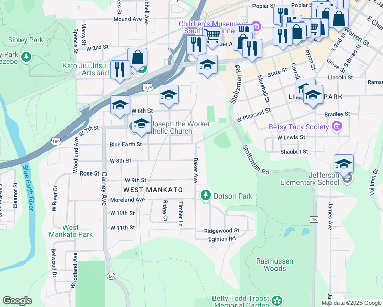 map of restaurants, bars, coffee shops, grocery stores, and more near 707 Baker Avenue in Mankato