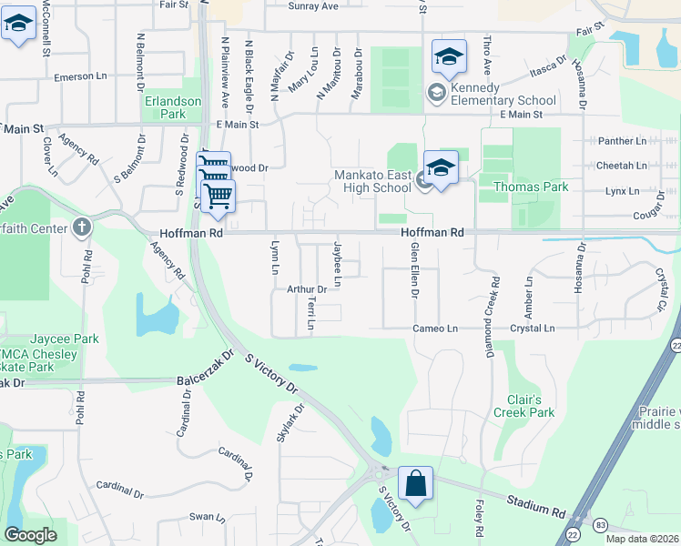 map of restaurants, bars, coffee shops, grocery stores, and more near 207 Arthur Drive in Mankato