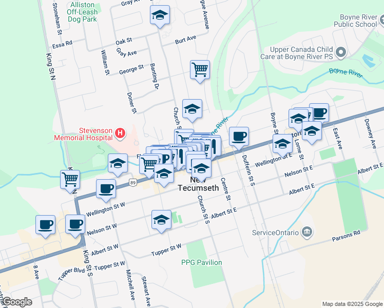 map of restaurants, bars, coffee shops, grocery stores, and more near in New Tecumseth