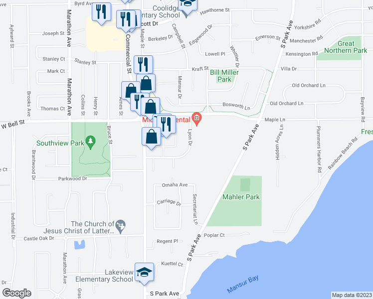 map of restaurants, bars, coffee shops, grocery stores, and more near 1551 Lyon Drive in Neenah