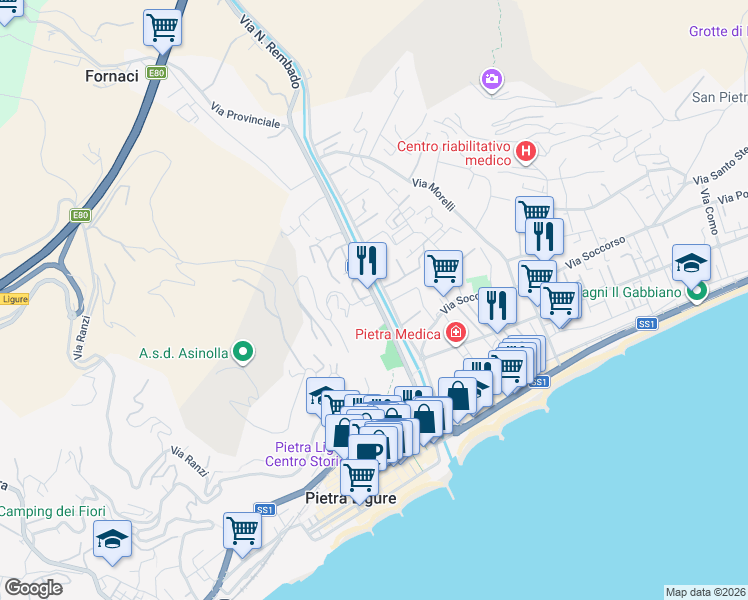 map of restaurants, bars, coffee shops, grocery stores, and more near 47 Via Francesco Crispi in Pietra Ligure