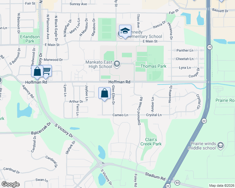 map of restaurants, bars, coffee shops, grocery stores, and more near 104 Chatsworth Drive in Mankato