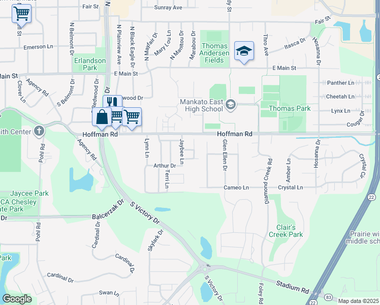 map of restaurants, bars, coffee shops, grocery stores, and more near 108 Wadsworth Drive in Mankato