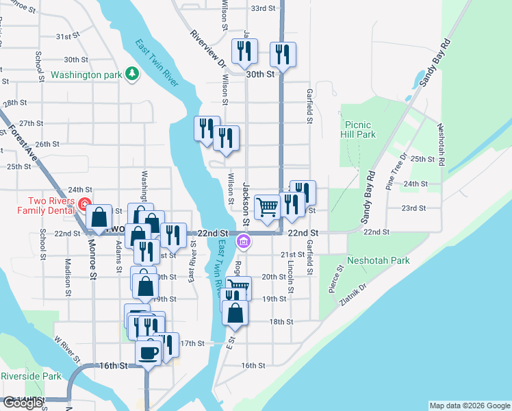 map of restaurants, bars, coffee shops, grocery stores, and more near 1021 24th Street in Two Rivers