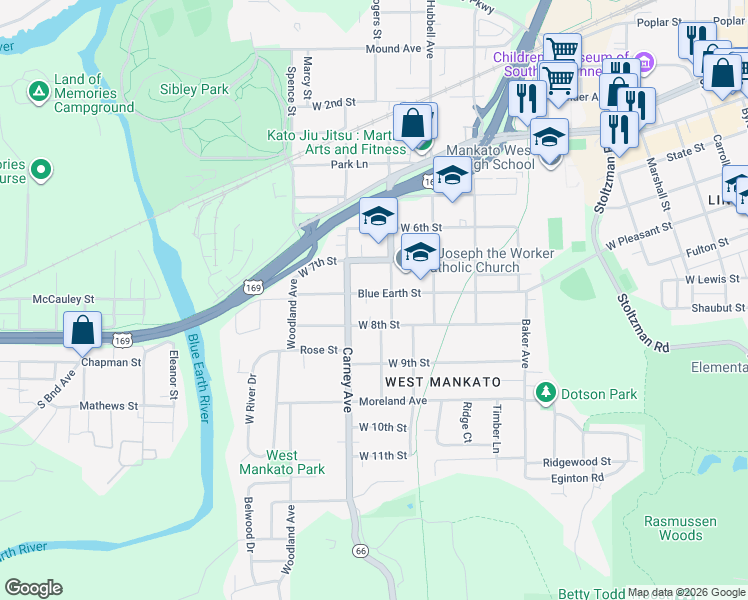 map of restaurants, bars, coffee shops, grocery stores, and more near 428 Blue Earth Street in Mankato