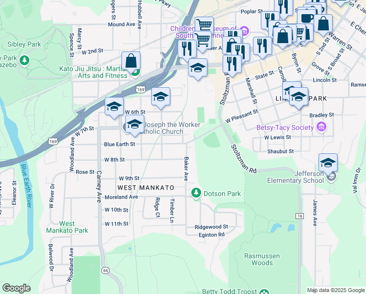 map of restaurants, bars, coffee shops, grocery stores, and more near 808 West Pleasant Street in Mankato